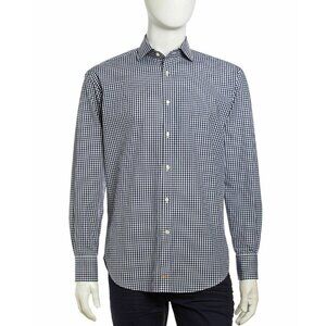Thomas Dean Gingham Shirt Large Woven Long-Sleeve Sport Shirt Navy $165 Retail